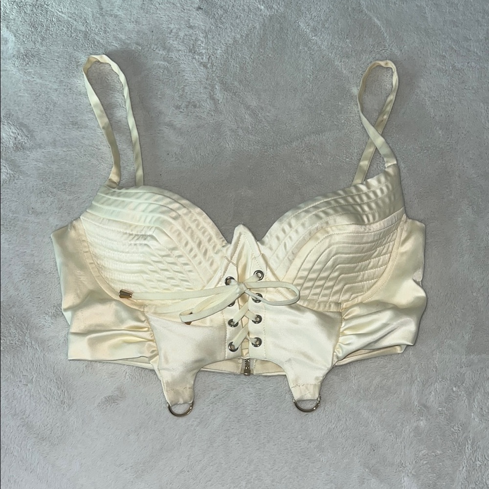 Oh Polly Cream Satin Lace-Up Bralette